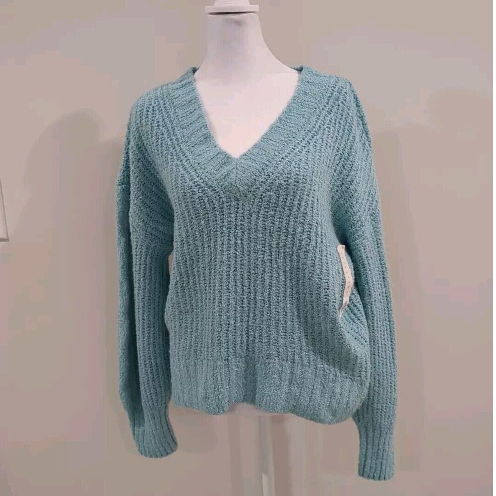 NWT So Womens Chenille Sweater Blue M Chunky Knit Long Balloon Sleeve
